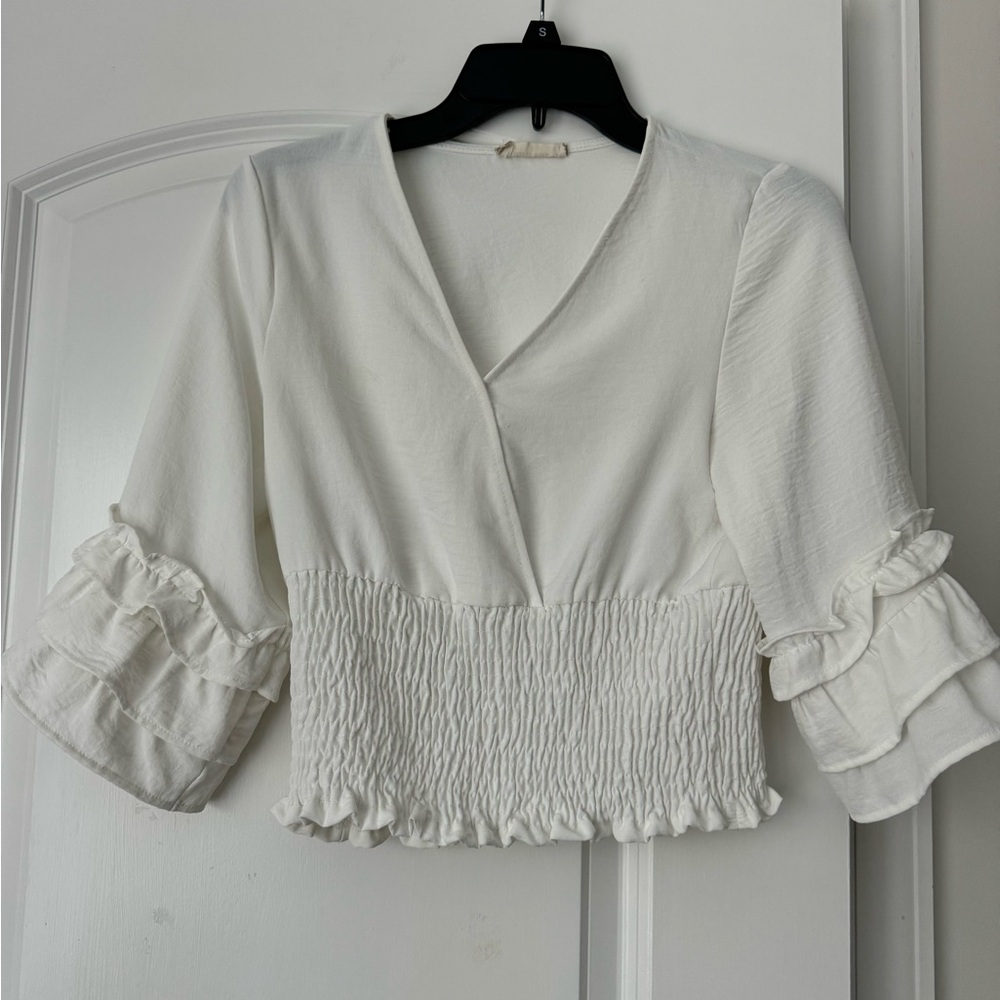 Altar'd State White Smocked Bell Sleeve Blouse